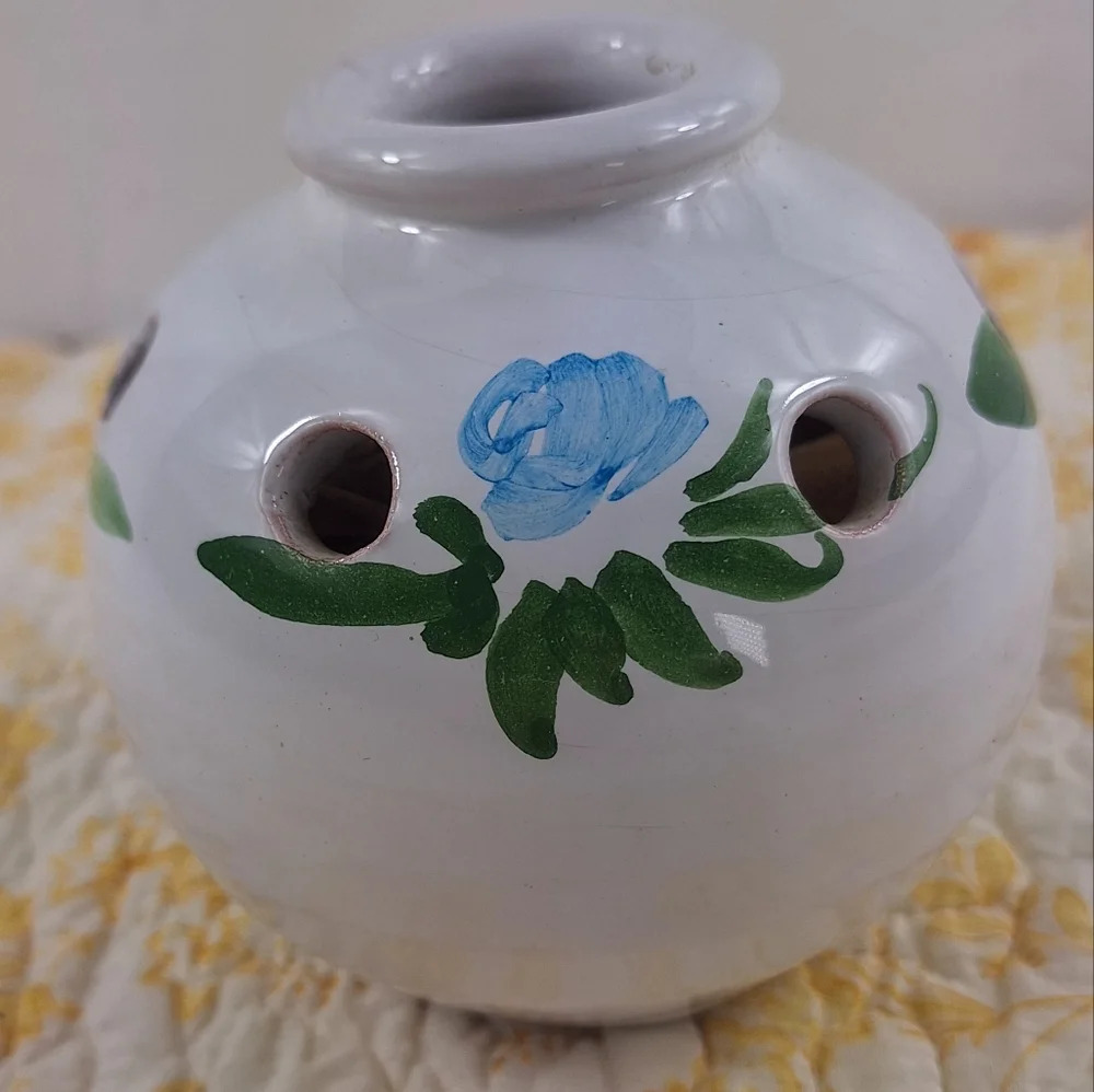 Pique-Fleurs Made In France Hand Painted Vase 6 Holes Blue Flower/Green Leaves